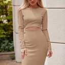 PRETTYGARDEN Women's Long Sleeve Midi Bodycon Dresses Casual Crewneck Cut Out Ribbed Knit Fitted Pencil Dress (Brown, L)