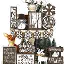 17 Pcs Winter Tiered Tray Decor Winter Snowman Tiered Decorations Set Snowflake Reindeer Table Centerpieces Decor Wooden Signs Table Decoration Without Tray for Farmhouse Party (Brown)