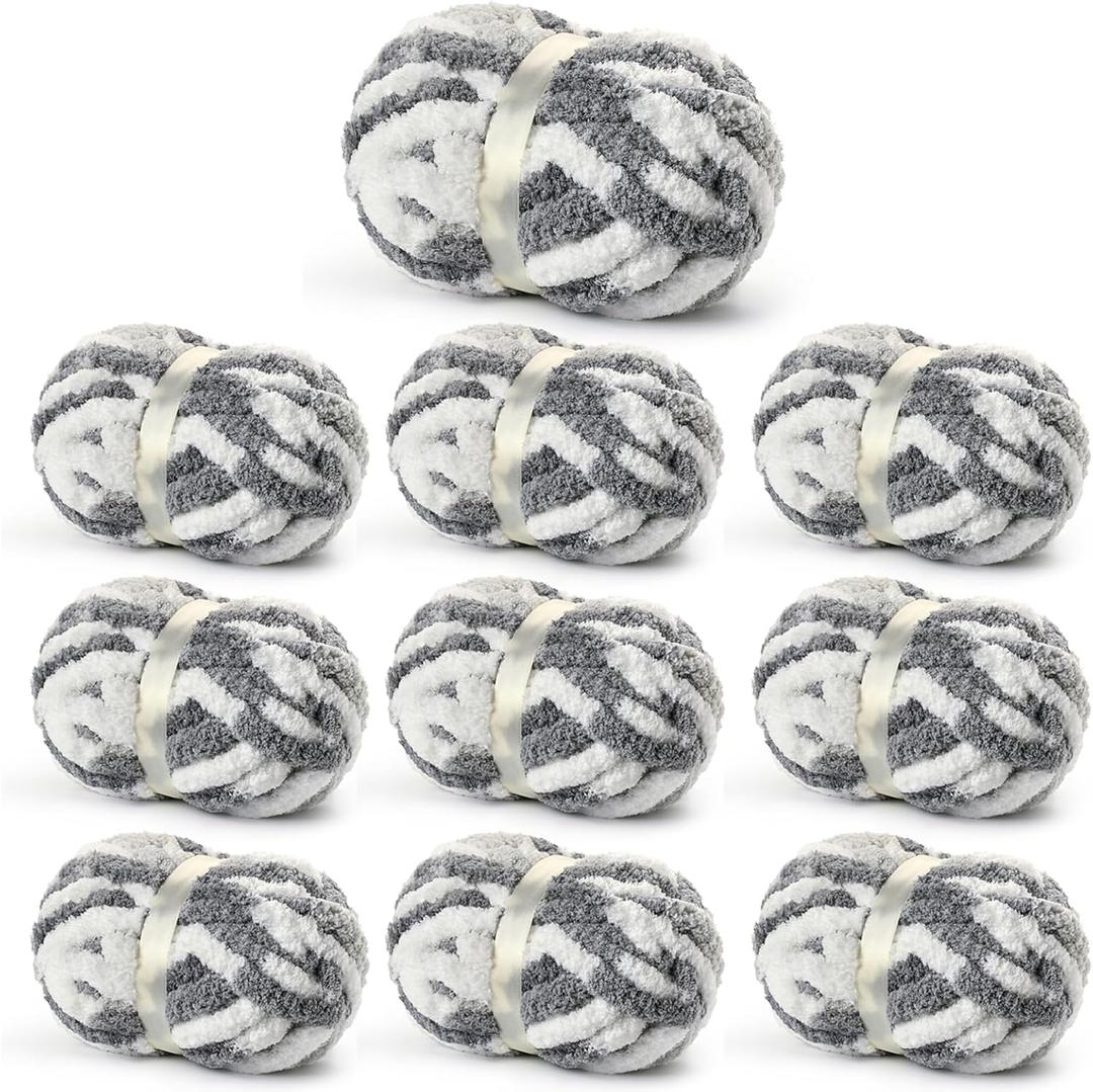 Sekafris Chunky Jumbo Chenille Yarn White-Grey 10 Pack