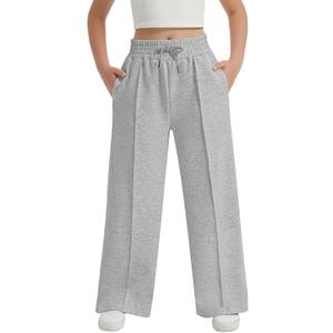 EXARUS Girls Sweatpants Front Seam Drawstring High Waist Wide Leg Sweat Pants Baggy Causal Kids High Waisted 6-14Y (10 Years, Grey)