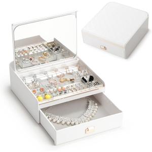 LAMU Jewelry Box for Women,ABS Plastic Jewelry Organizer with mirror, Large Capacity Storage for Rings Necklaces Earrings Bracelets Sunglasses, 2 Layer Grid Storage Case