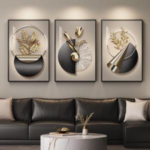 Large Framed Modern Elegant Wall Art for Living Room, 3 Piece Black and Gold Bright Luxury Prints Paintings, Contemporary Elegant Flower and Geometric Pictures for Bedroom Entryway Wall Decor 24x36 In (Golden Bloom Series)