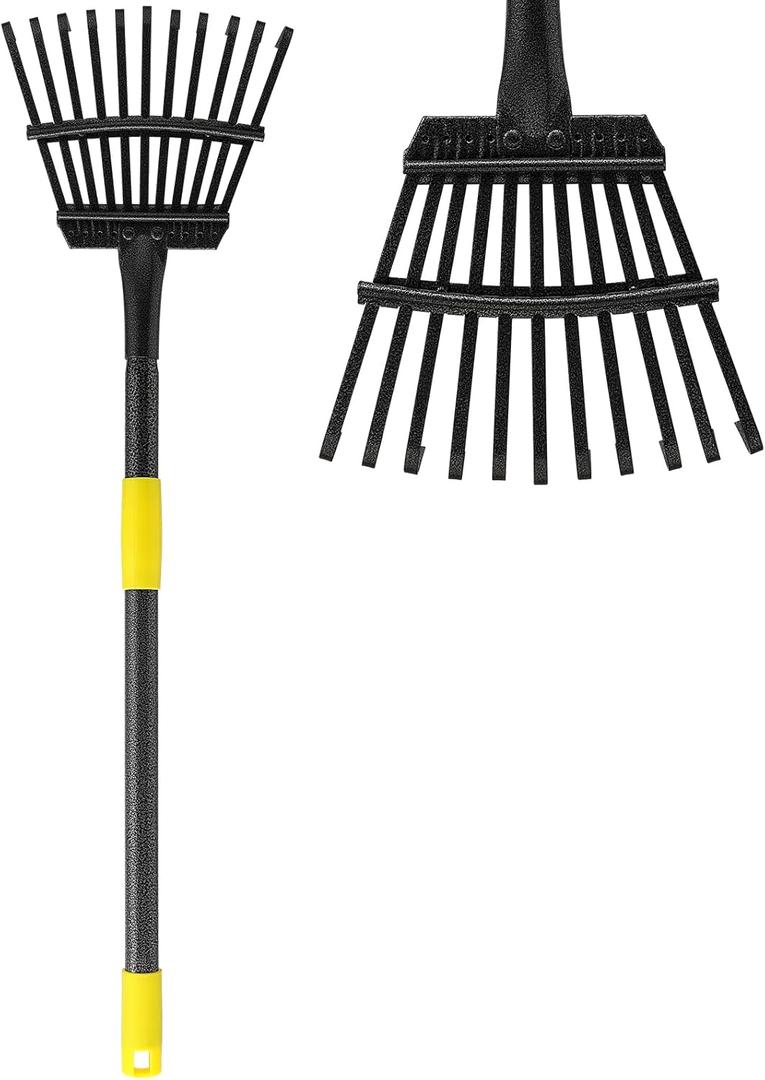 Garden Leaf Rake for Lawns, Adjustable Shrub Rake for Leaves Steel Handle 30-58", 11 Metal Tines 9" Wide Adult Kids Yard Small Metal Rake for Camping Debris Flower Beds