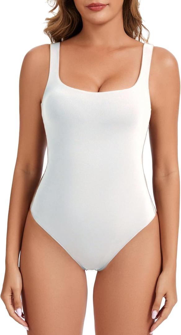 Women's Sleeveless Square Neck Tank Bodysuit Outfits Tops Thong Body Suits for Going Out, S