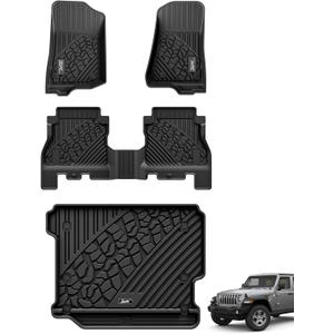 3W Floor Mats&Cargo Liner Fit for Jeep Wrangler JL 2018-2024 2025 Unlimited 4-Door Sahara Willys Rubicon Without Subwoofer (Non JK or 4XE) All-Weather TPE Floor Liner and Trunk Full Set Car Mats (Wrangler JL 2018-2025 4PCS Trunk Non Subwoofer)
