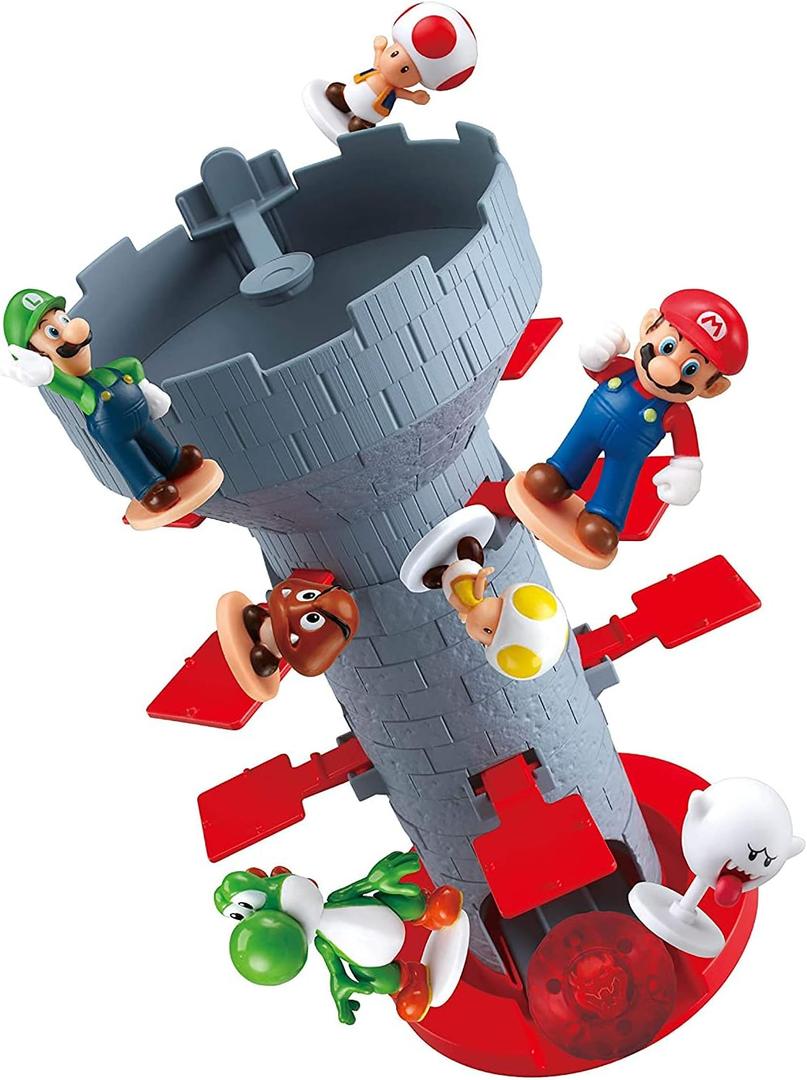 Epoch Games Super Mario Blow Up! Shaky Tower Balancing Game - Tabletop Skill and Action Game with Collectible Super Mario Action Figures (Pack of 6)