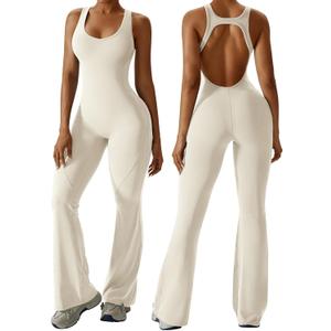 OEAK Womens Flare Jumpsuit with Bra Tummy Control Cutout Romper Workout Outfit Sleeveless Unitard One Piece Backless Bodysuit (X-Small, Beige)