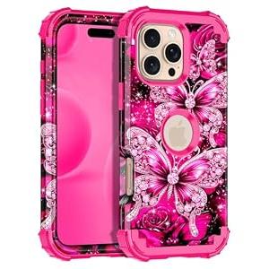 Hekodonk for iPhone 16 Pro Max Case, Glow in The Dark Three Layer Heavy Duty Shockproof Protection Hard Plastic+Soft Silicone Full Body Drop Protective Case for Apple iPhone 16 Pro Max, Hot Pink