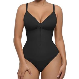 FeelinGirl Shapewear for Women Tummy Control Seamless Zip Front Bodysuits Thong V Neck Body Suit Body Shaper, S