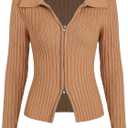 ZAFUL Women's Zip Up Sweater Long Sleeve Polo V Neck Ribbed Knit Slim Cropped Sweater Pullover Jumper Tops (1-Camel, S)
