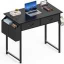 Sweetcrispy Computer Desk Small 32 Inch Home Office Bedroom Writing Study PC Table with Fabric Storage Drawers Space Side Bag Headphone Hook Metal Frame Adjustable Feet Modern Simple Style, Black Wood