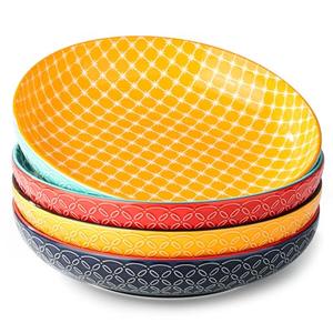 DOWAN 10" Vibrant Pasta, Salad & Soup Serving Bowls Set of 4, Embossed Large Porcelain Ceramic, Microwave & Dishwasher Safe, Bonita Design Dinnerware Dishes for Daily Dining, Family Gatherings, Party