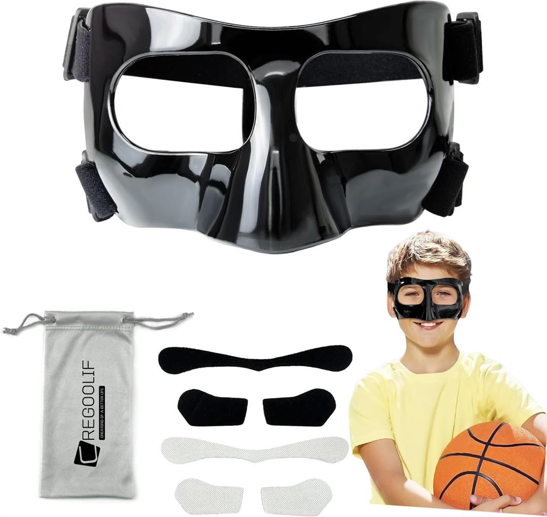 Nose Guard for Broken Nose, Protective Face Masks for Basketball and Soccer Sports,Adjustable Face Mask with Foam Padding foradolescents (Black)