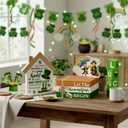 Thyle 10 Pcs St. Patrick's Day Table Sign Wooden Shamrock Lucky House Irish Lucky Block Book Stack Tiered Tray Table Centerpiece for Farmhouse Home Kitchen Party Decor(Let The Shenanigans Begin)