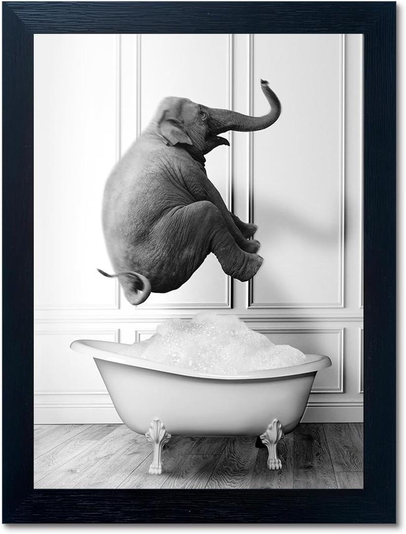 Elephant Jump in Bathtub Wall art, Funny Animal Canvas Print Picture for Bathroom Bedroom, Modern Bathroom Artwork, Black and White Wall Art Decor Black Framed Ready to Hang 16"x20"