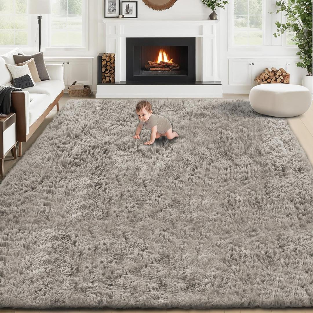 6x9 Area Rugs for Living Room: Fluffy Shag Soft Washable Rug Large Fuzzy Plush Indoor Carpet for Bedroom Nursery Playroom Kids Girls Boys Room (Grey Camel, 6'x9')