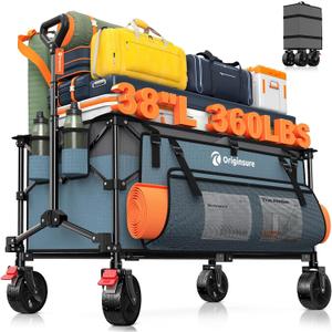 Originsure 220L Collapsible Wagon Cart Foldable, 38" L Extra Large Heavy Duty Folding Beach Wagons with All-Terrain Wheels, Utility Carts for Camping, Sports, Shopping, Groceries - Grey&Blue