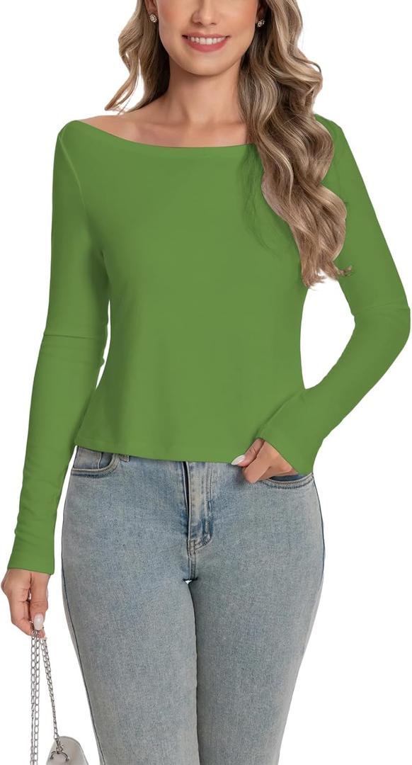 Long Sleeve Shirts for Women Ribbded Tees Boat Neck Basic Tops Fall Clothes (Green, S)