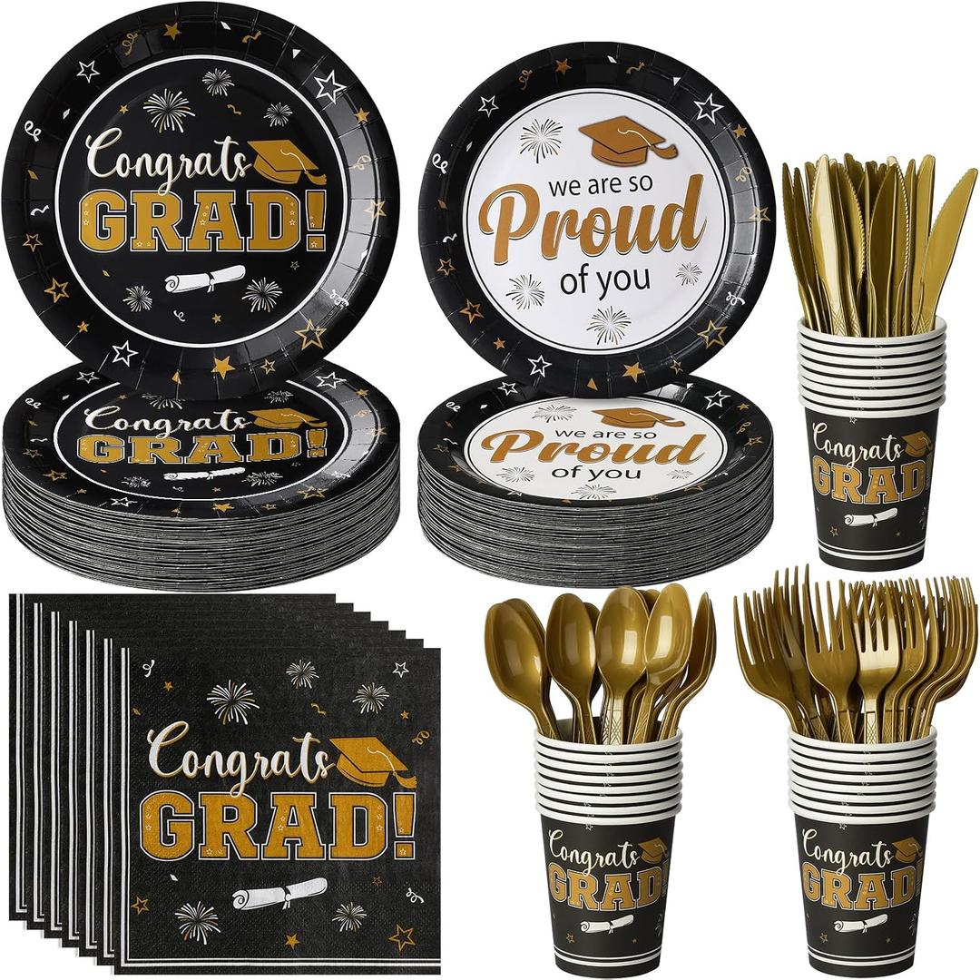 Graduation Party Supplies Decorations Serve 50, 2026 Graduation Party Plates and Napkins Set, Black Gold Disposable Paper Plates Napkin for College High School Graduation Congrats Grad Party Supplies