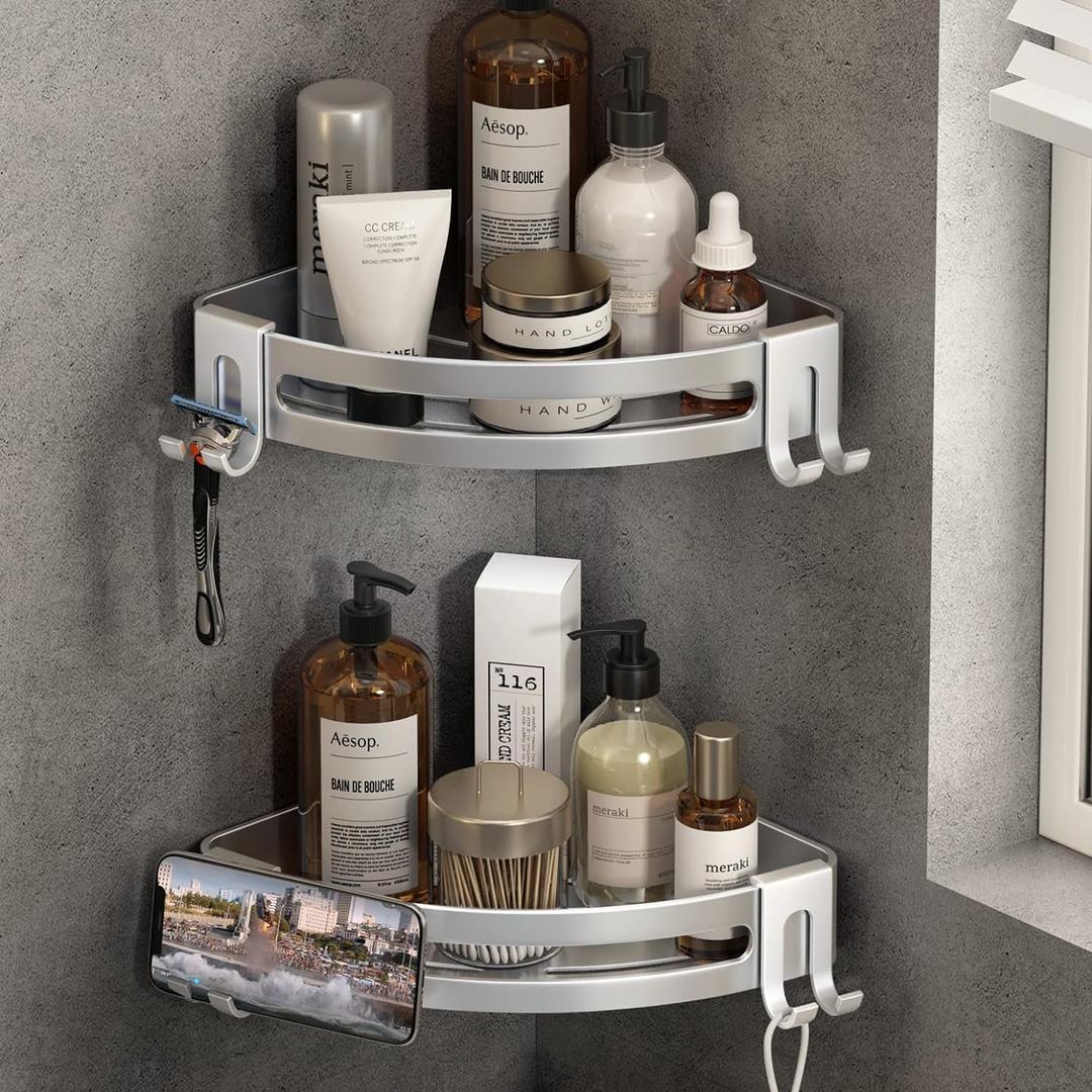 VOLPONE Shower Corner Shelf Caddy 2 Pack shower Organizer No Drill (glue mounting, no suction cup) Shower Storage Rust Proof Bathroom Corner Wall Shelf shampoo holder Silver