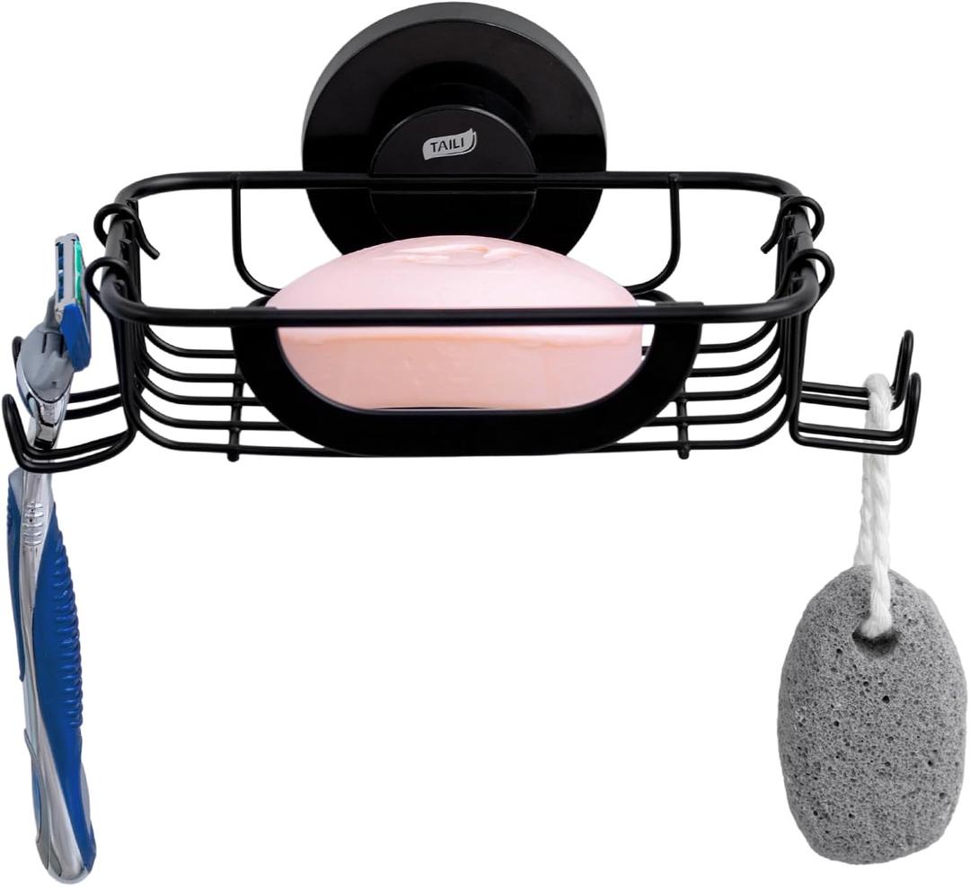 TAILI Soap Bar Holder Dish with Hooks, Shower Soap Tray Saver Suction Cup with Razor Holder for Wall, Rustproof Stainless Steel Bath Shampoo Caddy for Bathroom Accessories Organizer,Sink,Black (5.6" * 4.6")