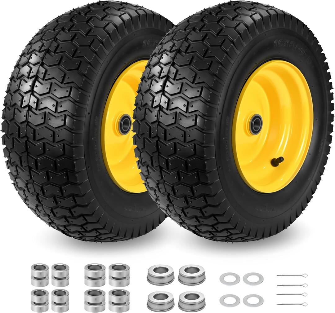 2 Pcs 16x6.50-8 Tubeless Lawn Mower Tire and Wheel, 16x6.5-8 Lawn Mower Tire, with 3/4" Bearing (extra 1" Bushing), 3-5" Offset Hub, 4-Ply Tubeless, 35 PSI, Fits Riding Mower & Lawn Tractors, 715 lbs