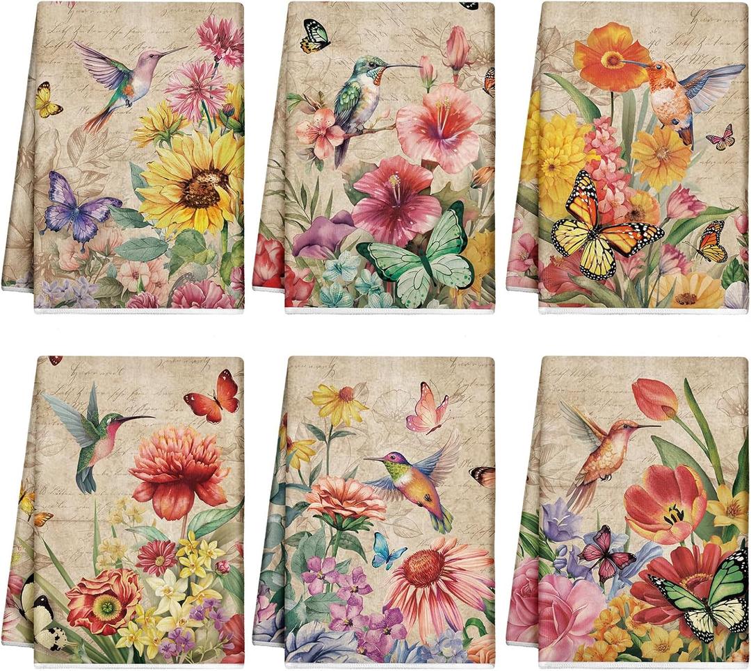 Patelai 6 Pcs Vintage Flowers Kitchen Towels Butterfly Summer Spring Dish Hand Towels Hummingbirds Absorbent Washcloth for Fall Home Housewarming Gift, 21.26 x 14.17''(Bright Color,Hummingbird)