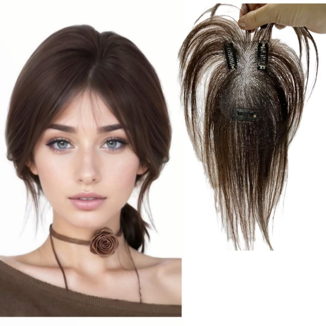 Anemone Human Hair Topper for Women 11" Clip in Bangs 9g Ultra-Light Borderless Swiss Lace Hairpiece for Thinning & Grey Hair (7 * 11 Brown Mid Bangs)