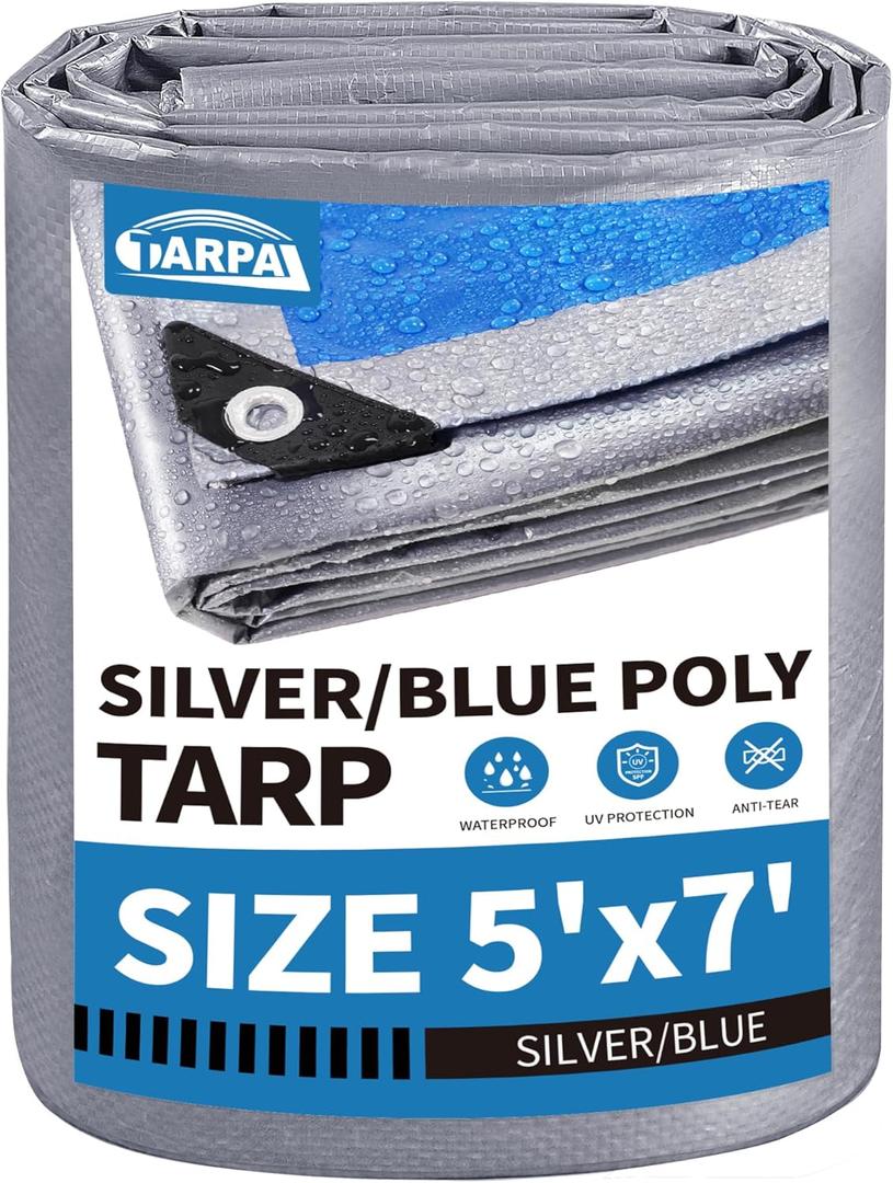 TARPAL Tarp 5x7 Feet Waterproof Small tarps 7.5mil Multipurpose Protective for Outdoors,UV Protection,Rip and Tear Proof,Poly Tarpaulin(Silver/Blue)
