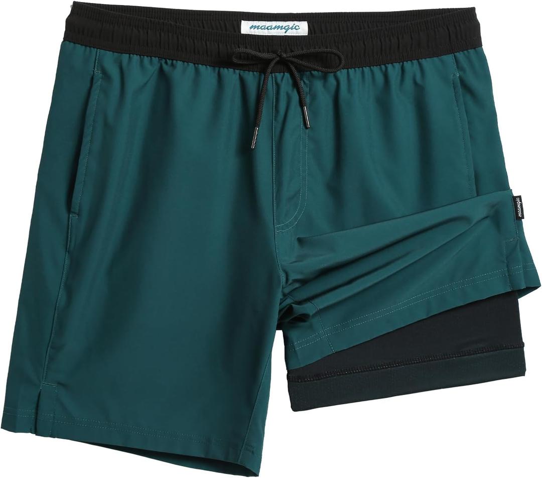 maamgic Mens Swim Trunks with Compression Liner 7 Inch Inseam Mens Bathing Suit Quick Dry Swimming Trunks Swimsuit (XX-Large, Reef Green and Black)