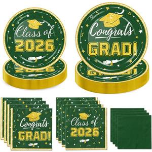 Graduation Plates and Napkins 2026, Congrats Grad Disposable Paper Plates Cocktail Napkins Luncheon Napkins for Green and Gold Graduation Party Decorations, Serve 50
