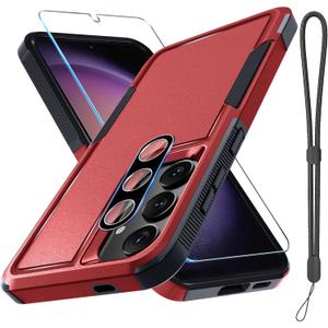 RMOCR Case for Samsung Galaxy S25, Full Body Heavy Duty Rugged Shockproof Protective Phone Cover with Lanyard Strap, Tempered Glass Screen Protector and Camera Lens Cover, Red