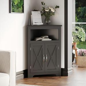 ChooChoo Corner Storage Cabinet, Small Corner Cabinet with Barn Door Design and Adjustable Shelf, Home Space Saver for Living Room, Bathroom, Kitchen, Black