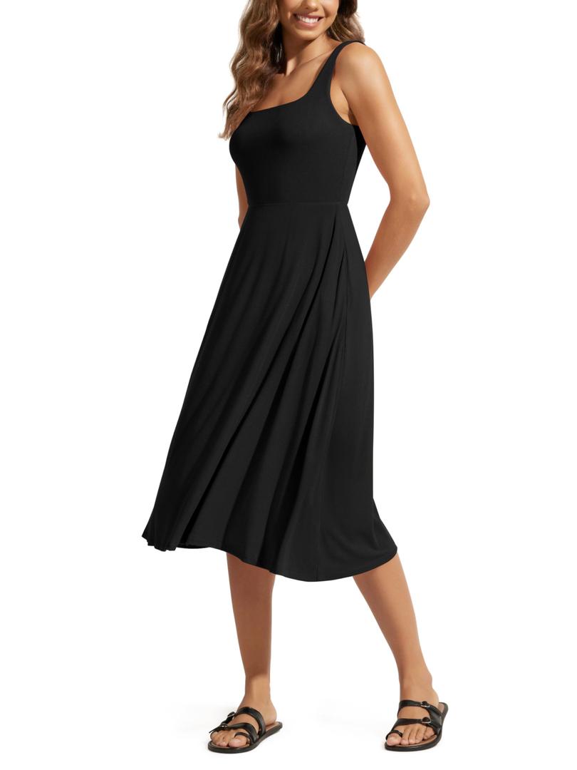 ODODOS Square Neck Midi Dress with Pockets for Women Summer Casual Sleeveless Sundress Flare Tank Dress, Black Onyx (Black, L)