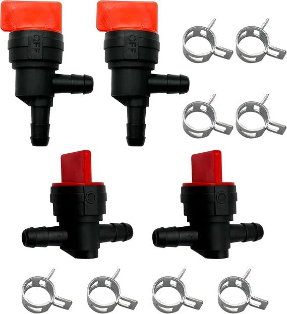 1/4 Fuel Shut Off Valve Kit for John Deere, Briggs Stratton, 4 Pack | For John Deere, Briggs Stratton, Toro and Tecumseh mowers; 2 inline and 2 90-degree valves plus 8 clamps for 1/4 inch line.
