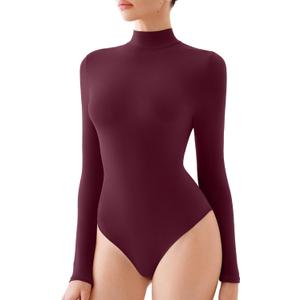 REORIA Women's Turtle Neck Long Sleeve Bodysuit Basic Slim Fit Double Lined Lightweight Layering Top for Fall & Winter (Medium, Burgundy)