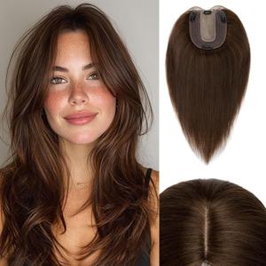 Rich Choices Hair Toppers for Women Real Human Hair 100% Human Remy Toppers NO Bangs for Women with Thinning on Top Clip in Hairpiece 4"x4.7"Lace Base 12 Inch #4 Medium Brown