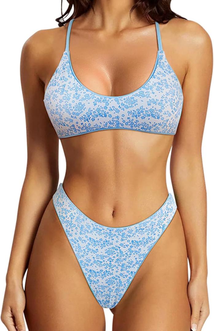 SUUKSESS Women High Waisted Thong Bikini Set Reversible String 2 Piece Swimsuit (Large, 56 Blue Ditsy Floral)