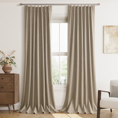 Khaki Linen Blackout Curtains 96 Inch Length 2 Panels Set for Living Room Bedroom, Pinch Pleated Thermal Insulated 100% Black Out Curtains with Hooks, Room Darkening Back Tab Drapes