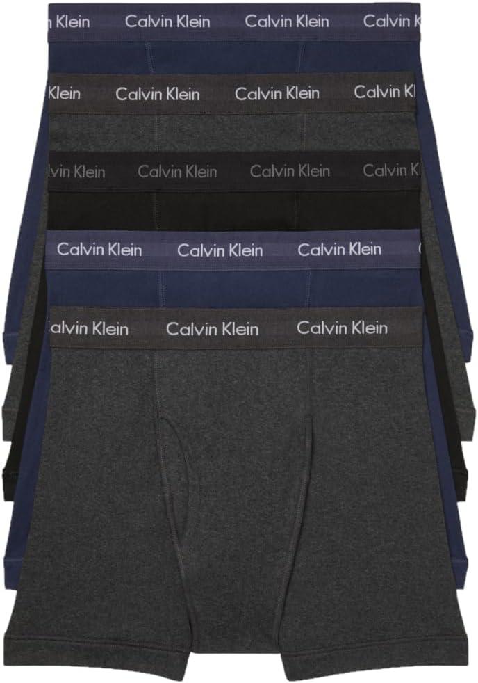 Calvin Klein Men's Cotton Classics 5-Pack Boxer Brief (2 Blue Shadow Body W/Blue Shadow Waistband, 2 Charcoal Heather Body W/Charcoal Heather Waistband, 1 Black Body W/Black Waistband) S