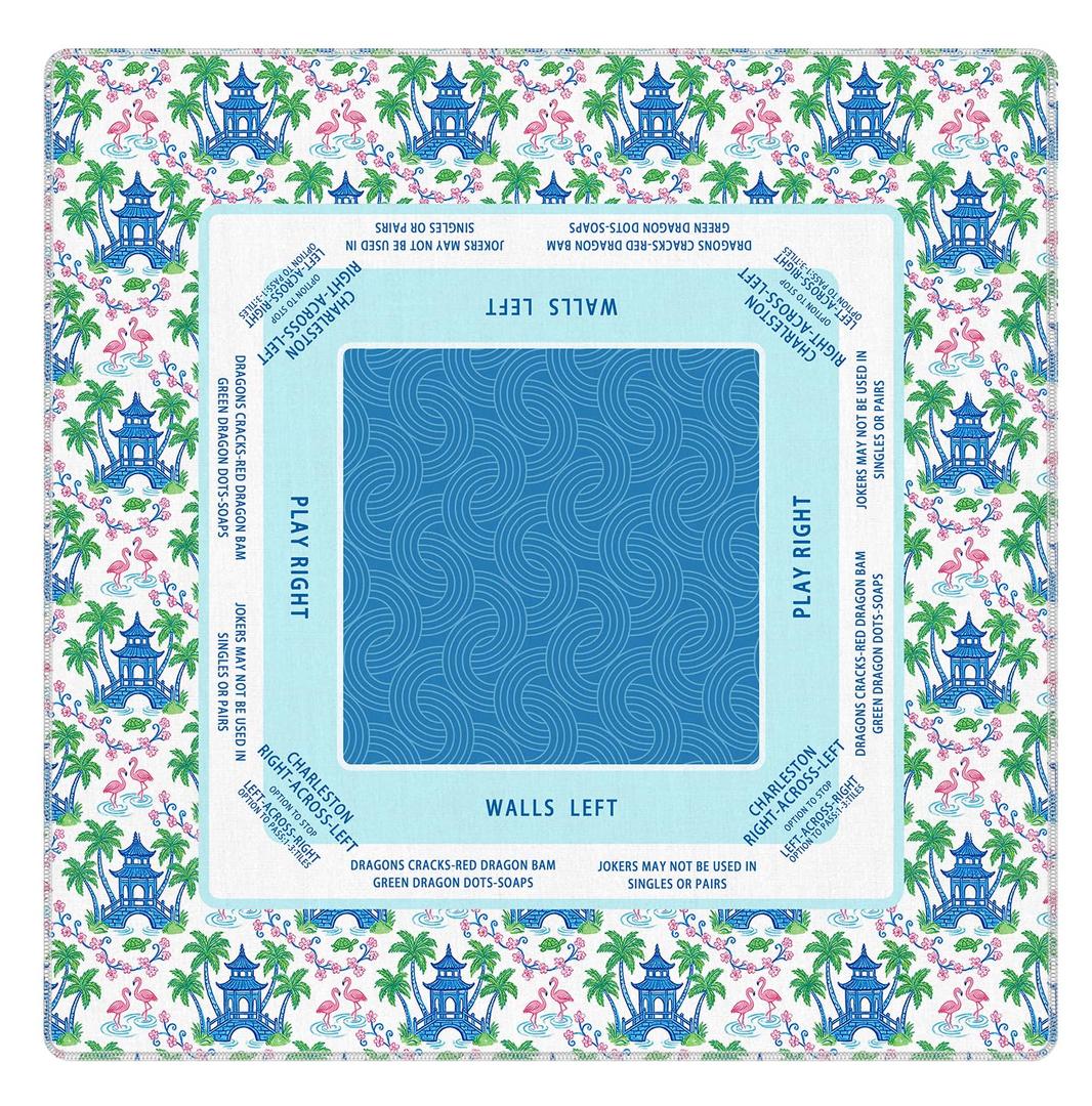 BNHJKFQZ Blue Green Tropical Chinoiserie Mahjong Mat 31.5" x 31.5", Coastal Chinese Pagoda Non-Slip Noise Reduction Mahjong Table Cover Accessories for Dominoes Poker Card Board and Tile Games Gifts