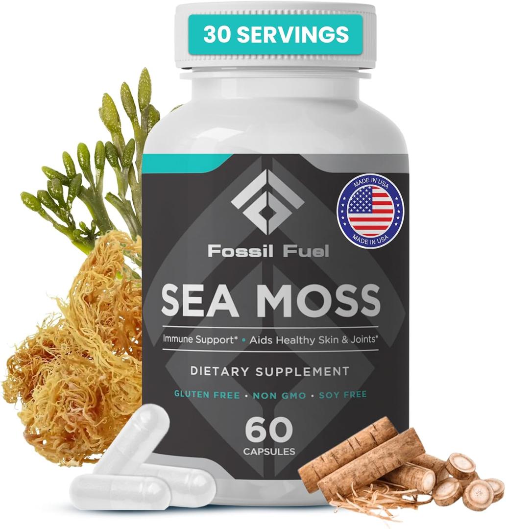 Fossil Fuel- Organic Superfood for Energy, Digestive Health, Immune Support, and Inflammation Relief - Packed with Essential Nutrients and Minerals, Sea Moss (60 Capsules)