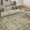 6x9 Washable Area Rug Vintage Distressed Living Room Bedroom Carpet Rust Blue Non Slip Soft Low Pile Traditional Throw Rug for Indoor Dining Room Office Dorm Decor