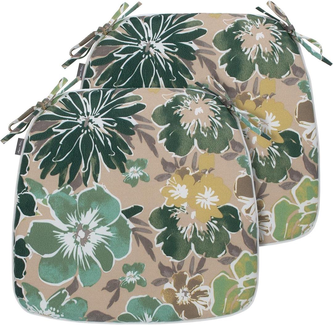 Magpie Fabrics 17"x16"x2" U-Shape Chair Cushions with Ties 2 Count, Outdoor Indoor Waterproof All Weather Seat Pads Decoration for Patio Garden Dining Office - Green Floral