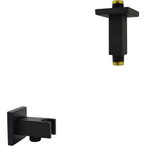 Aquaiaw Shower Arm and Wall Supply Elbow Bundle, 3 inch Solid Brass Ceiling Mount Shower Arm, Solid Brass Wall Union with Handheld Shower Head Holder, Both Square, Both Matte Black