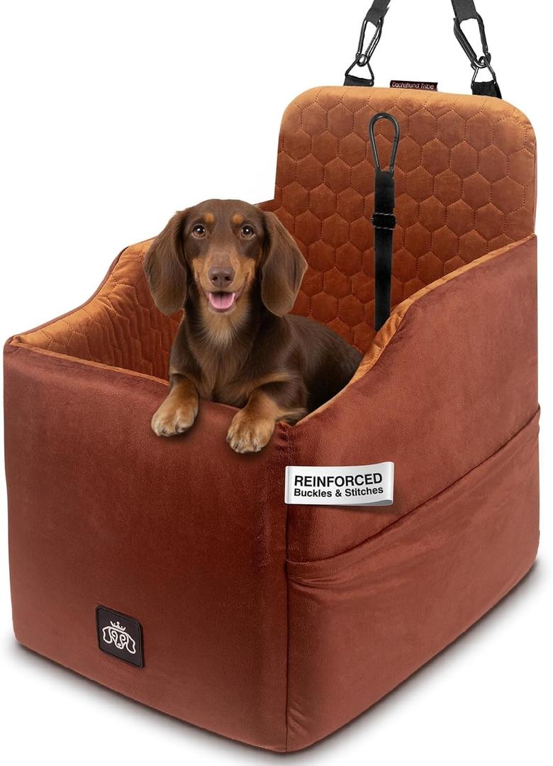 Dog Car Seat for Small Dogs, Dachshund Car Seat Booster Bed for Small Breeds Non-Slip Base, Adjustable Straps, Washable Cover (Small Size Brown)