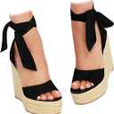 Womens Espadrilles Wedges Sandals Heels Open Toe Tie Lace Up Platform Ankle Strap Summer Dress Shoes (8, Black)