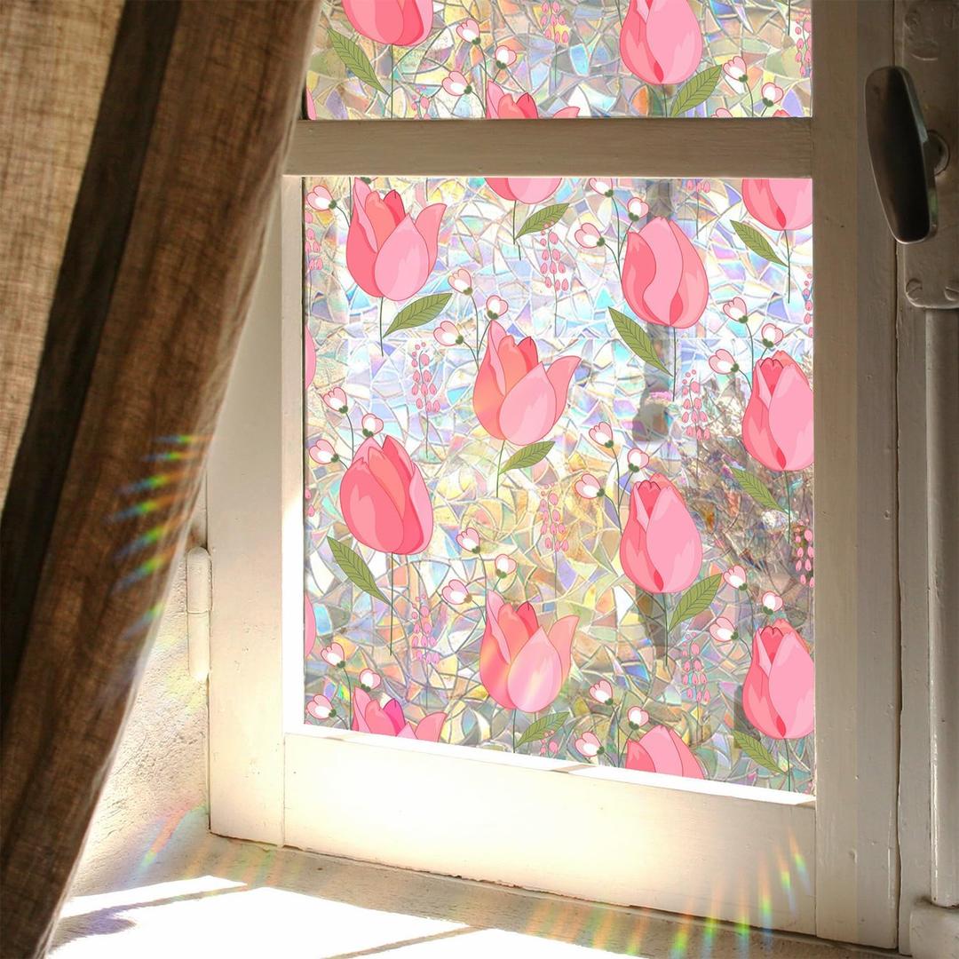 Window Film,Rainbow Window Privacy Film,Tulip Vine Double Sided Static Glass Window Clings Stickers for Home Office Living Room Bathroom Glass Windows Door Decor17.7" x 43.3"
