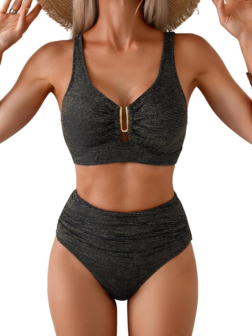 Eomenie Bikini Sets for Women High Waisted Two Piece Bathing Suit U Wired V Neck Swimsuit Adjustable Straps Swimwear (Black, L)