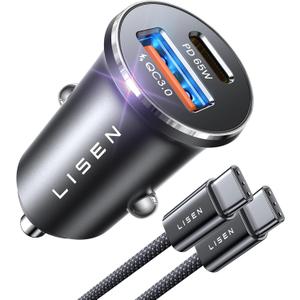 LISEN USB C Car Charger Fast Charging, Dual Port PD 65W Car Charger USB C Super Fast, Cigarette Lighter Adapter All Metal Fast Car Charger for iPhone 16 Pro Max 15 14 iPad Samsung Galaxy, Blue